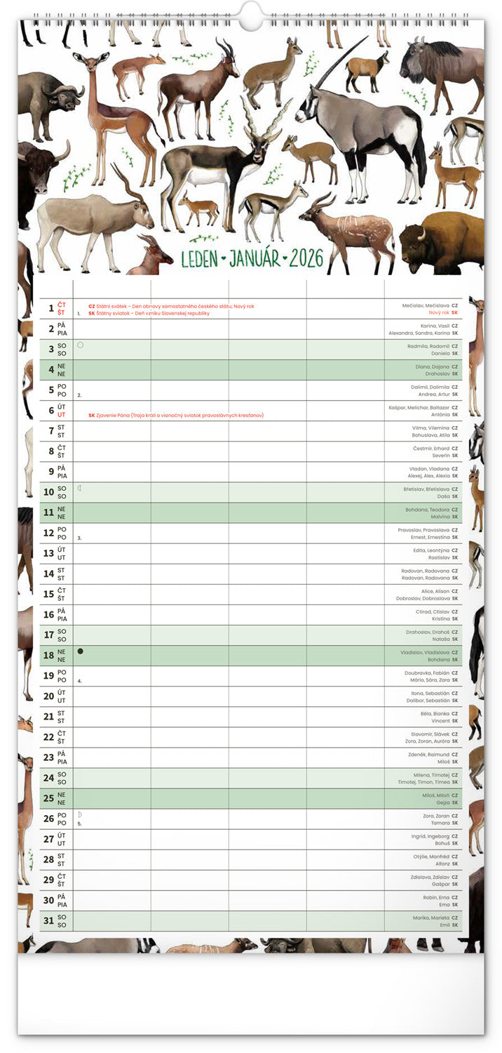 Nástěnný kalendář Rodinný plánovací Animalium 2026, 21 x 42 cm