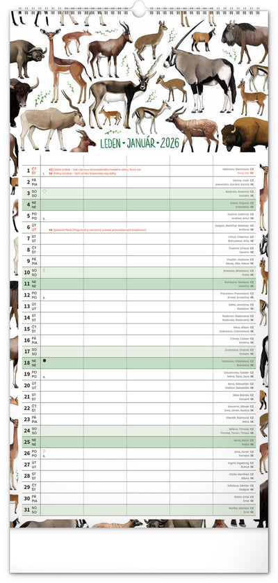 Nástěnný kalendář Rodinný plánovací Animalium 2026, 21 x 42 cm
