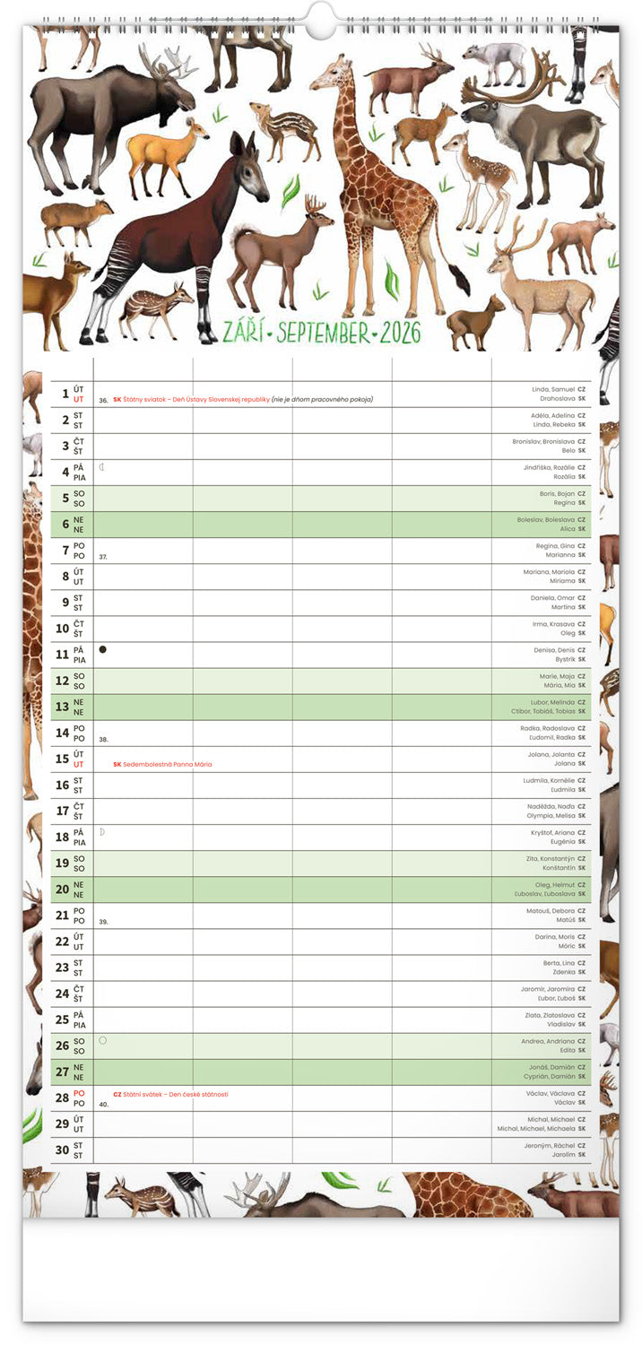 Nástěnný kalendář Rodinný plánovací Animalium 2026, 21 x 42 cm