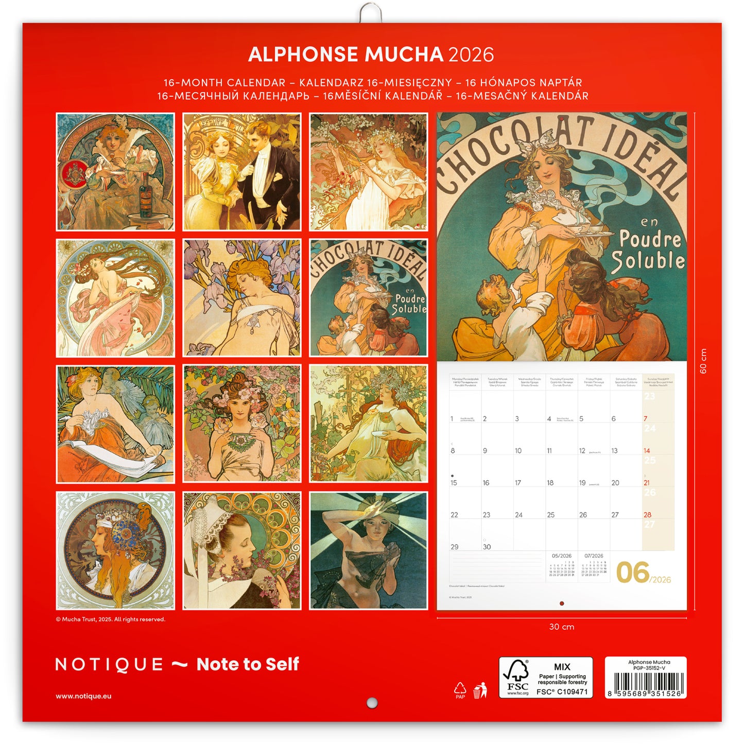 Poznámkový kalendář Alfons Mucha 2026, 30 x 30 cm
