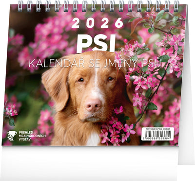 Stolní kalendář Psi – se jmény psů 2026, 16,5 x 13 cm