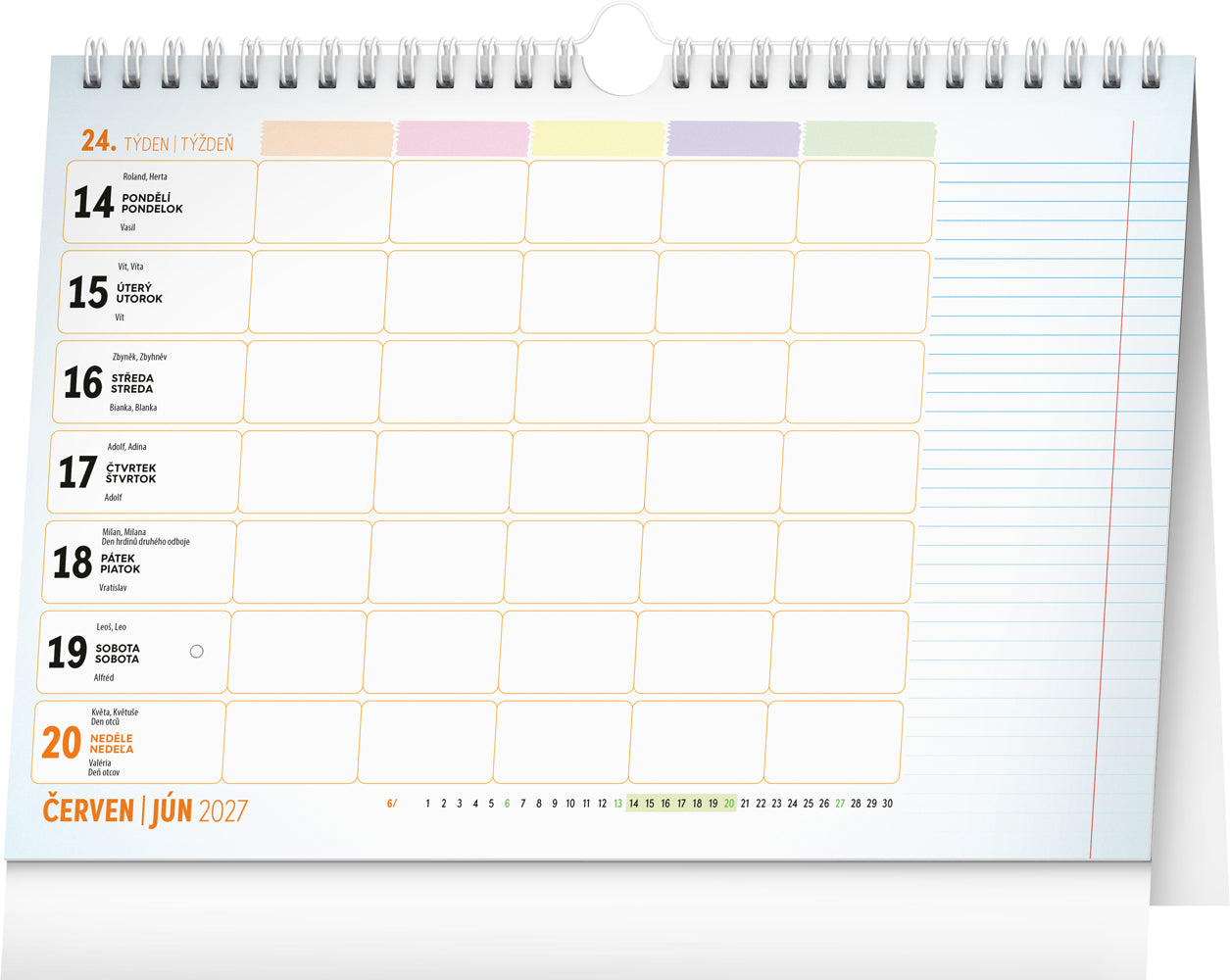 Týdenní rodinný plánovací kalendář s háčkem 2027, 30 x 21 cm