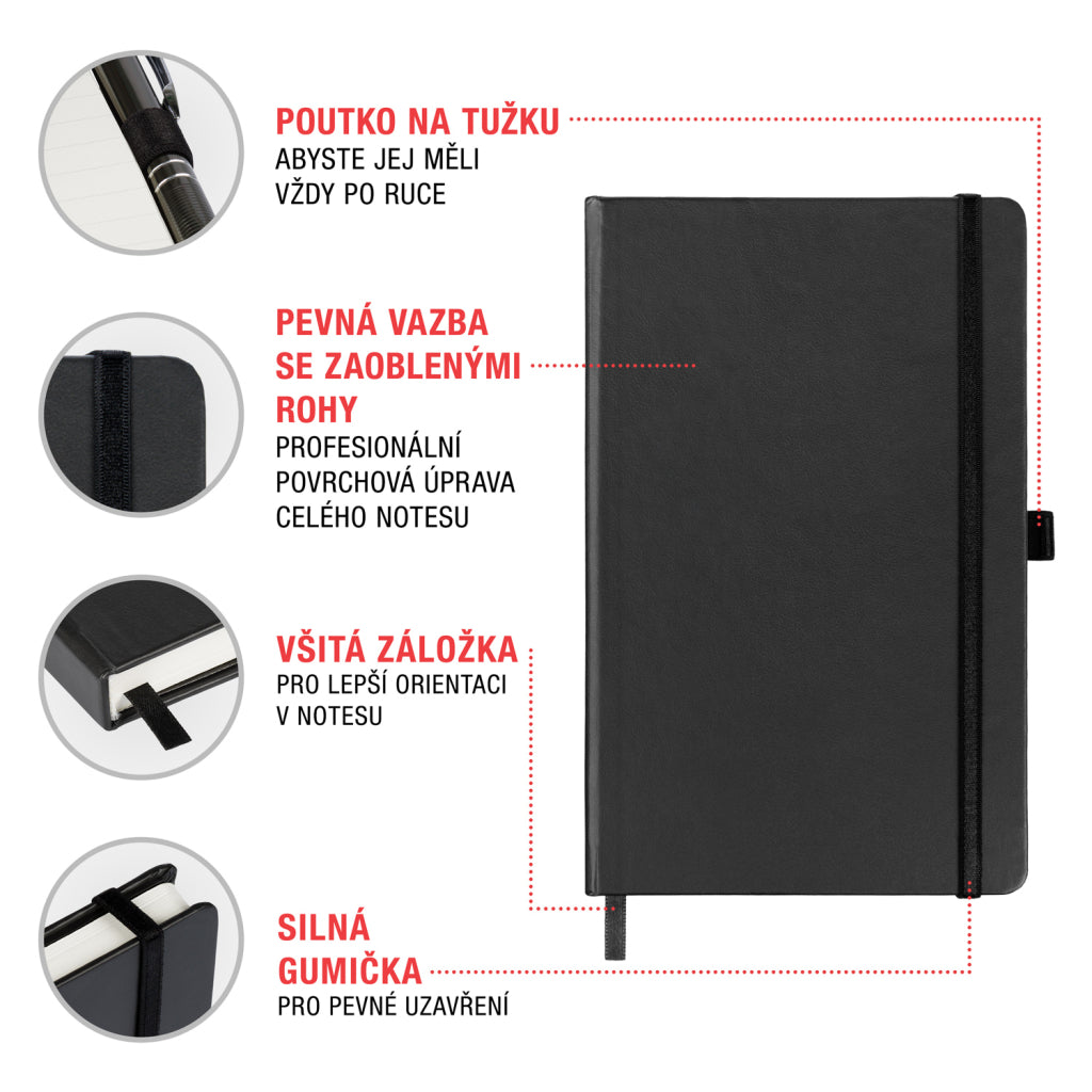 Notes Černý, linkovaný, 13 × 21 cm,Vnitřní kapsa
